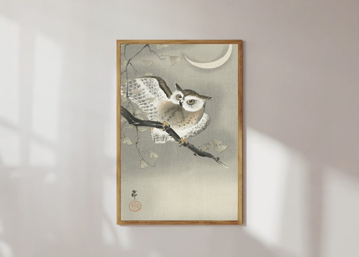 Framed art print of Long-eared Owl in Ginkgo by Ohara Koson, in a light wood frame on a sunlit white wall
