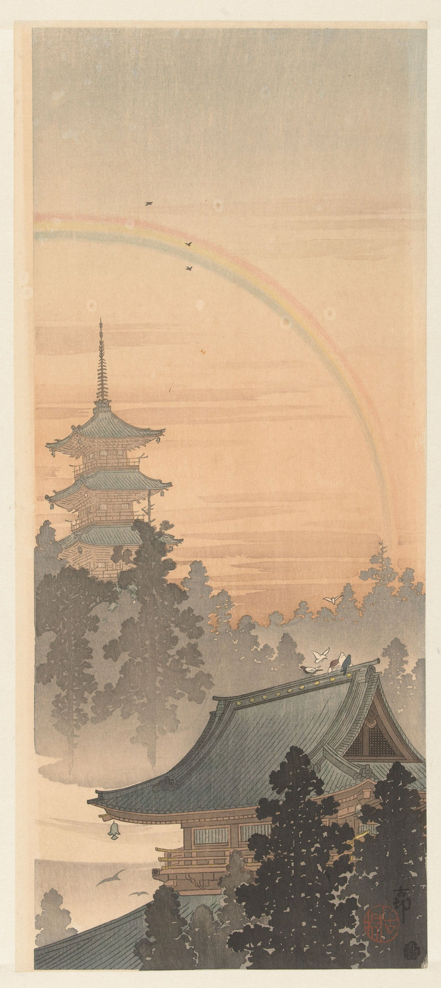 Ohara Koson — Pagoda and Rainbow | Japanese Woodblock Print (Shin Hanga) shown to scale on a wall above a sofa