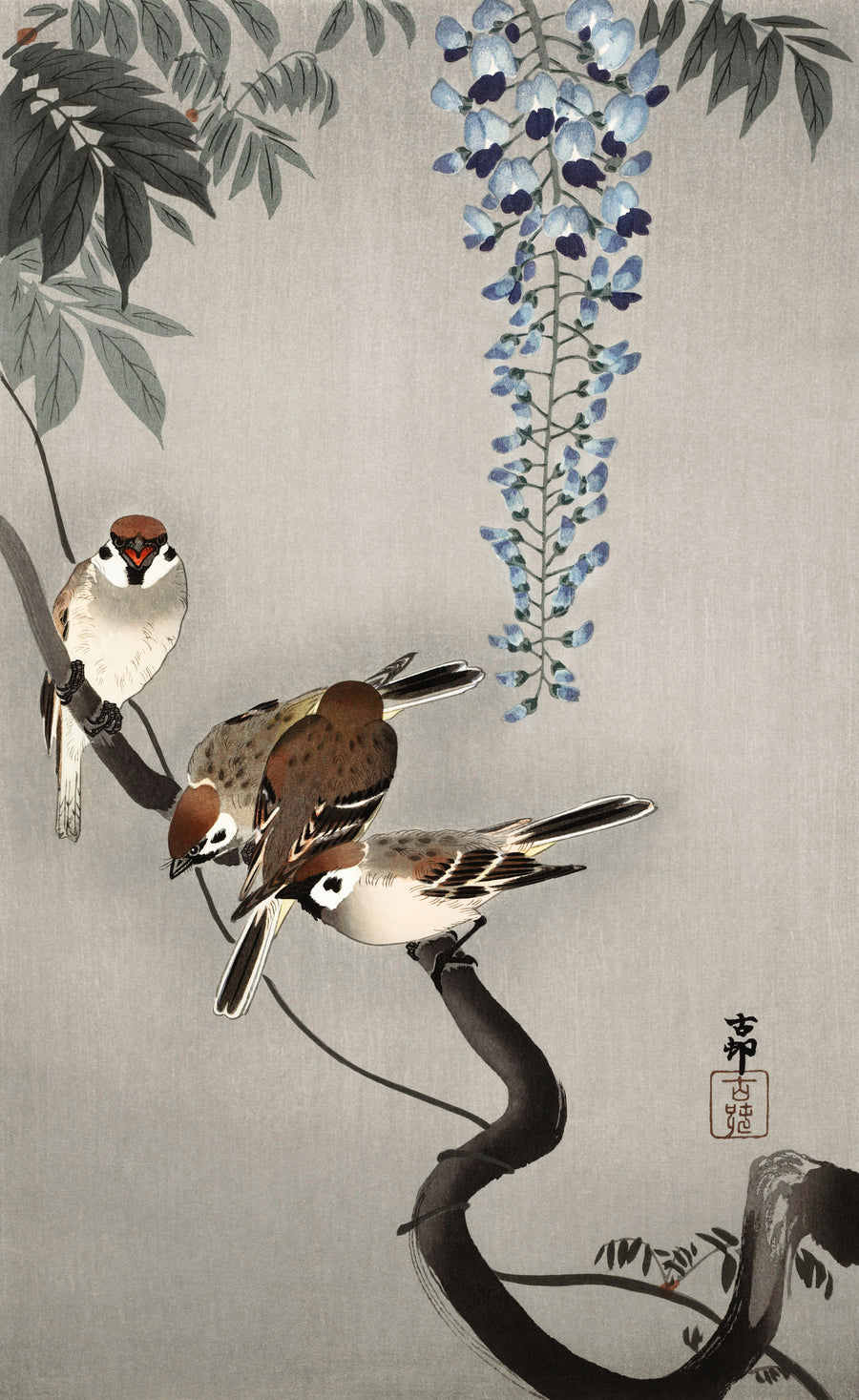Ohara Koson — Ring Sparrows at Wisteria | Japanese Bird & Flower Woodblock Print shown to scale on a wall above a sofa