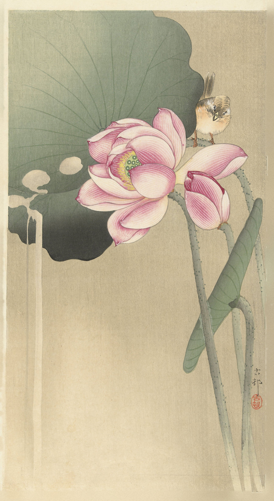 Ohara Koson — Songbird and Lotus | Japanese Bird & Flower Woodblock Print shown to scale on a wall above a sofa