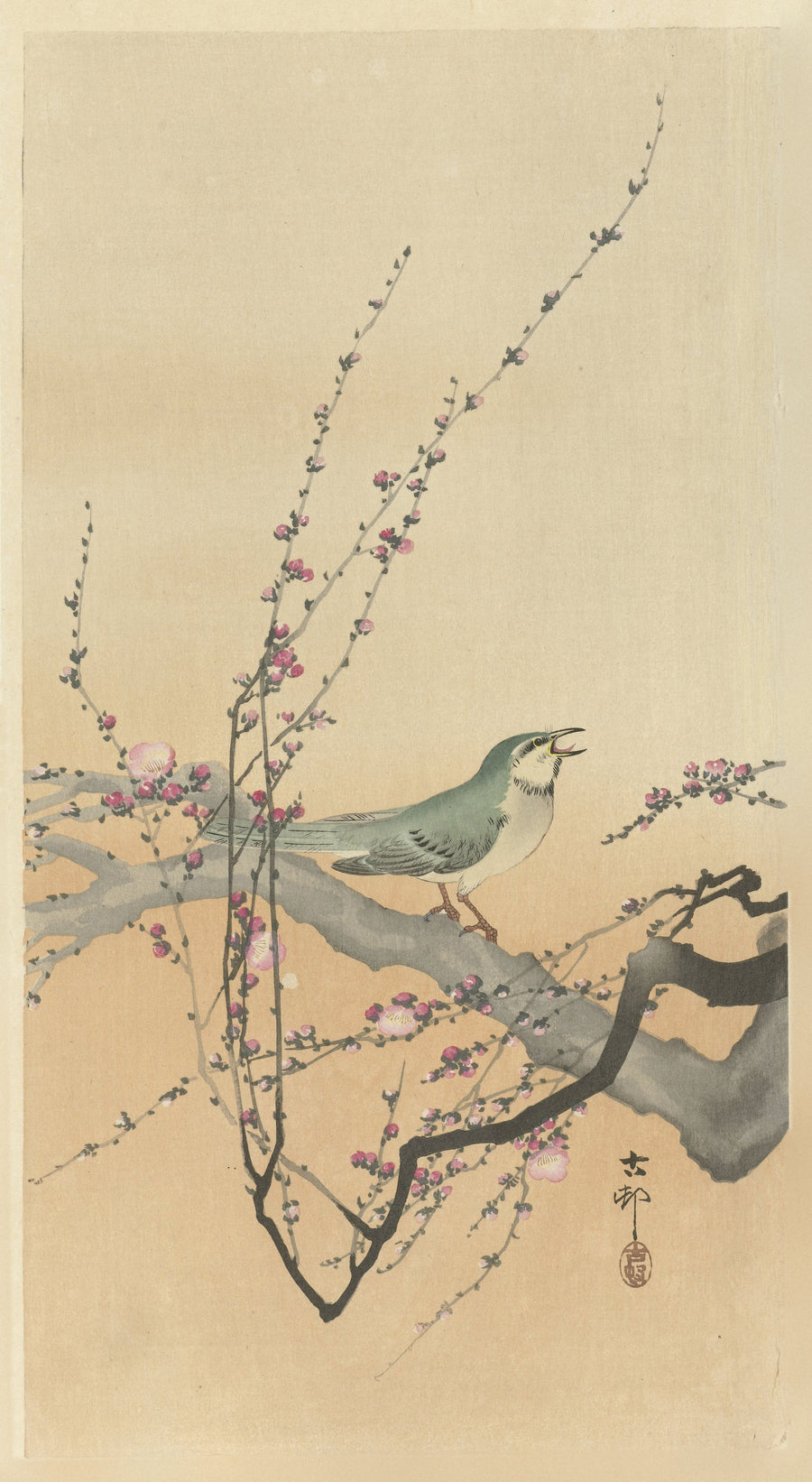 Ohara Koson — Songbird and Plum Blossom | Japanese Bird & Flower Woodblock Print shown to scale on a wall above a sofa