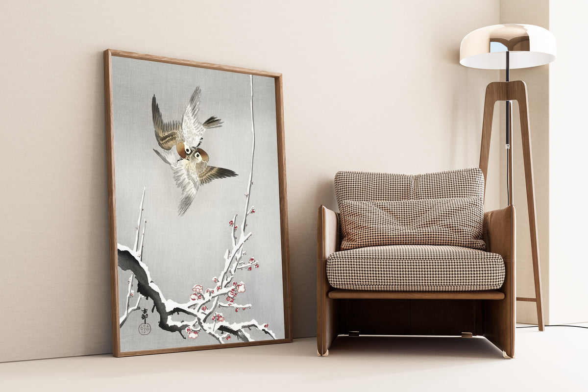 Ohara Koson — Sparrows and snowy plum tree | Japanese Bird & Flower Woodblock Print - 9ArtPrints