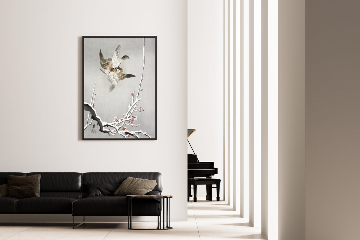 Ohara Koson — Sparrows and snowy plum tree | Japanese Bird & Flower Woodblock Print - 9ArtPrints