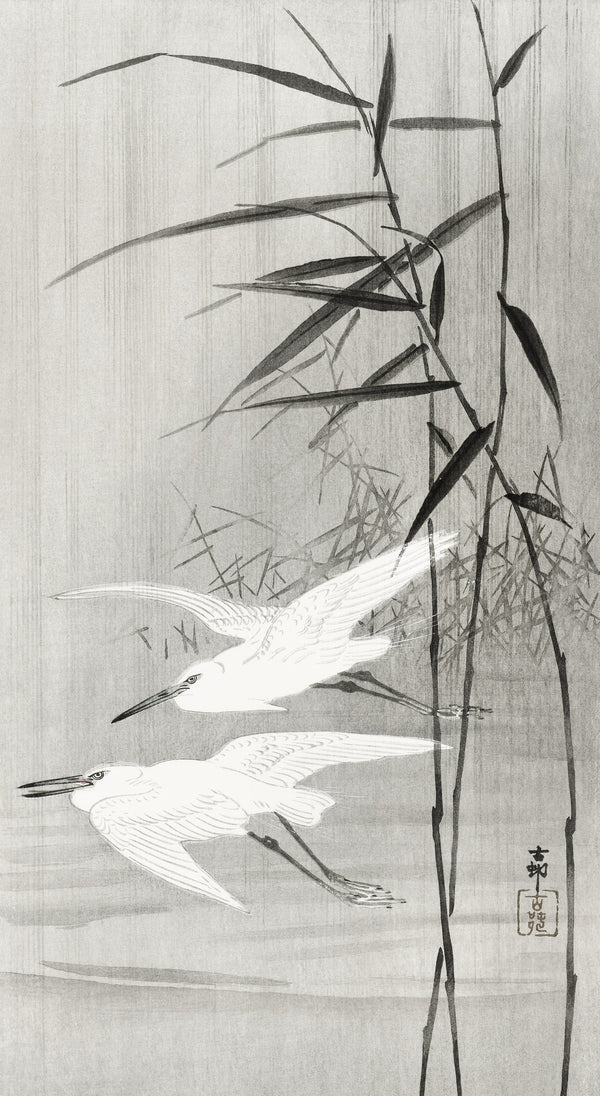 Ohara Koson — Two Egrets in Flight | Japanese Bird & Flower Woodblock Print