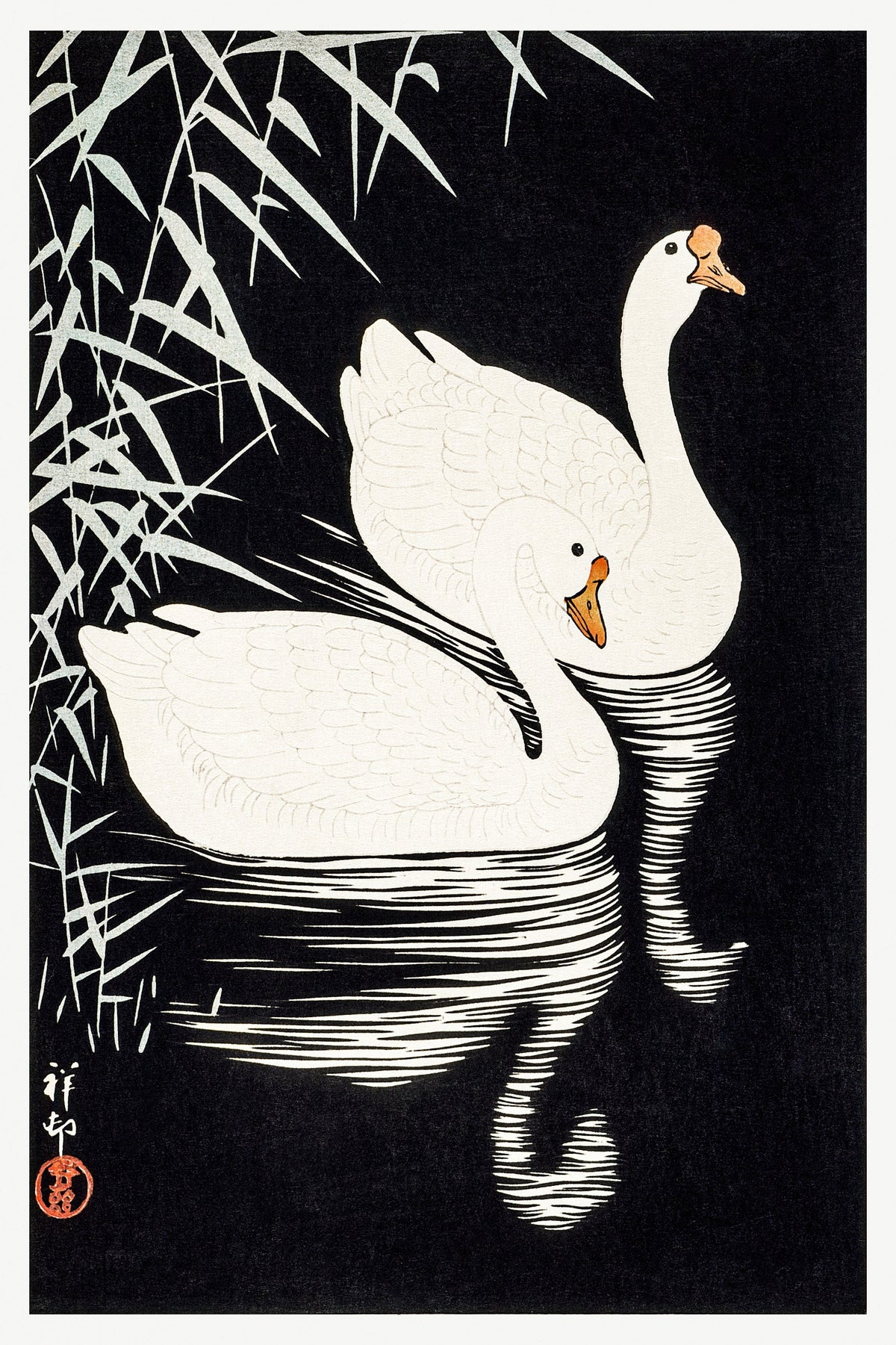 Ohara Koson — White Chinese Geese Swimming by Reeds | Japanese Bird & Flower Woodblock Print - 9ArtPrints