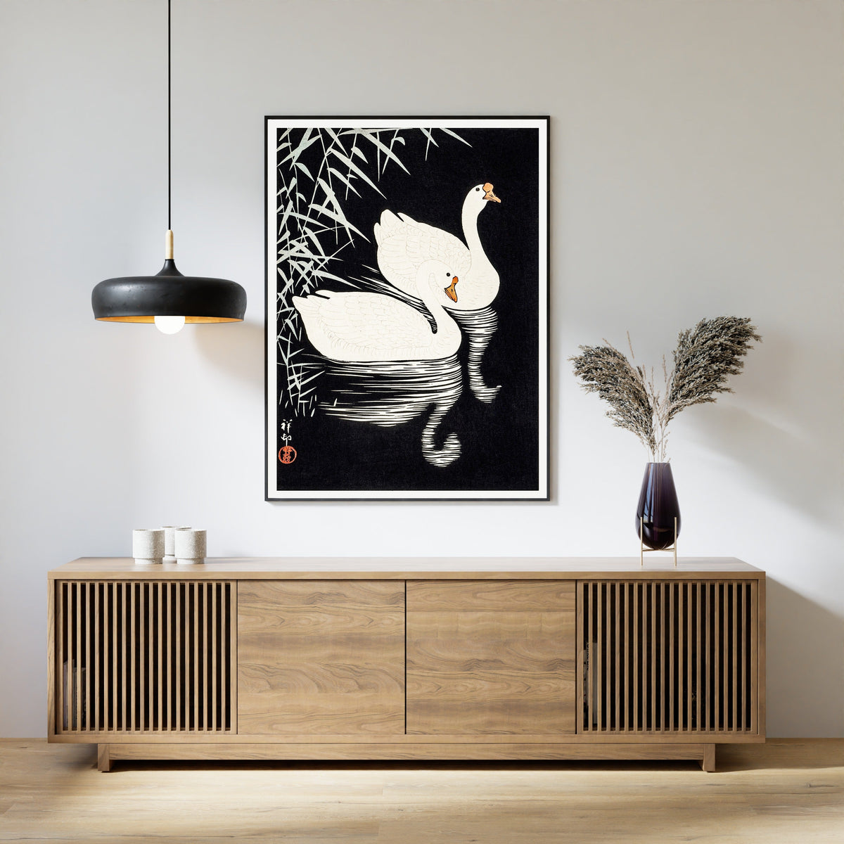 Ohara Koson — White Chinese Geese Swimming by Reeds | Japanese Bird & Flower Woodblock Print - 9ArtPrints