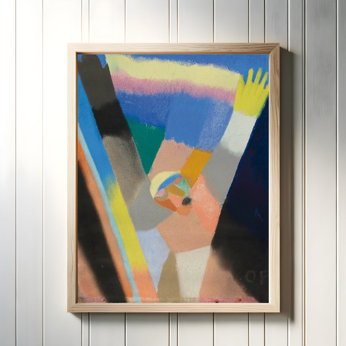 Framed art print of Composition (1924) by Otto Freundlich, in a light wood frame on a white panelled wall