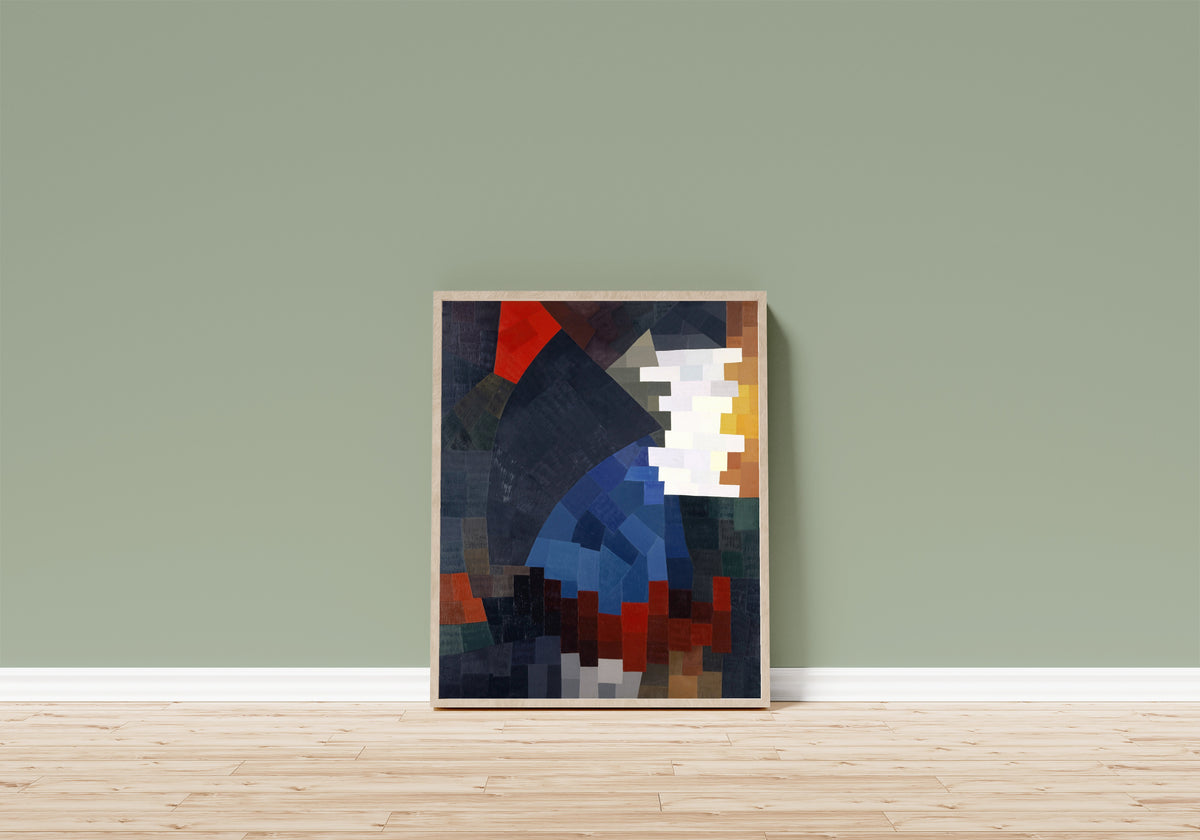 Framed art print of Composition (1932) by Otto Freundlich, in a light wood frame leaning on a sage green wall above a wooden floor