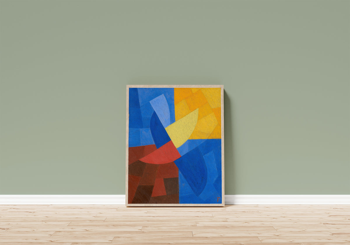 Framed art print of Composition (c. 1932) by Otto Freundlich, in a light wood frame leaning on a sage green wall above a wooden floor