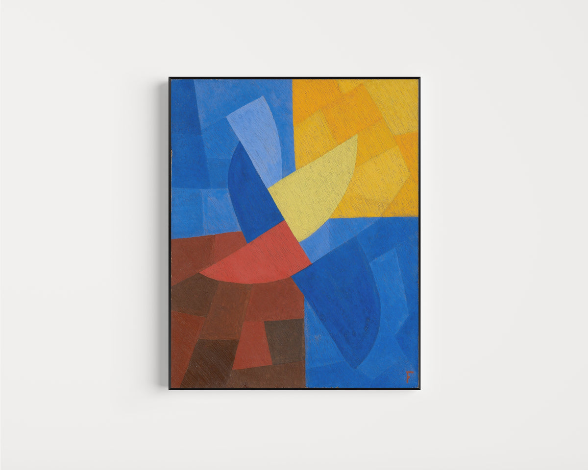 Framed art print of Composition (c. 1932) by Otto Freundlich, in a slim black frame on a plain white wall