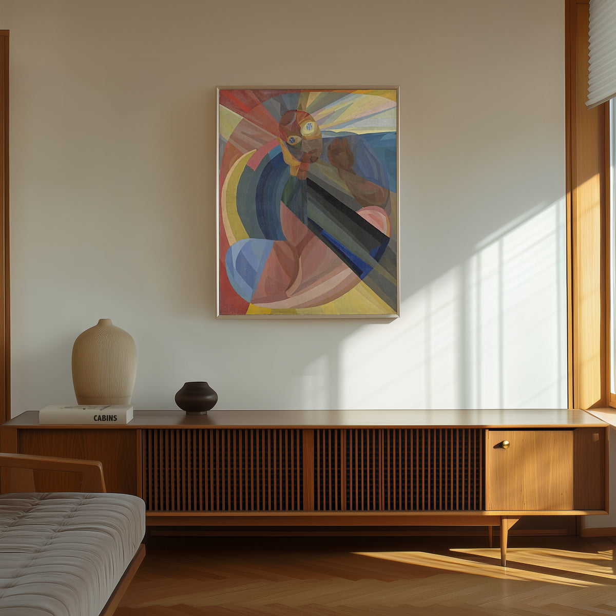 Framed art print of Die Mutter (1921) by Otto Freundlich, in a thin light frame on a sunlit wall above a wooden sideboard