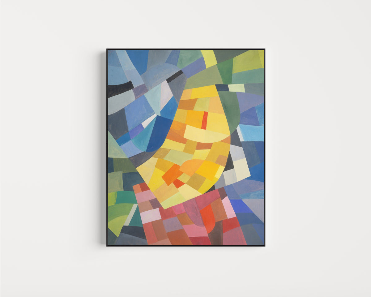 Framed art print of Komposition (1930) by Otto Freundlich, in a slim black frame on a plain white wall