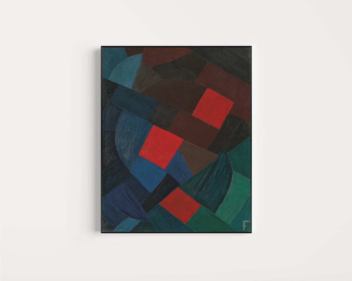 Framed art print of Komposition (1935–1936) by Otto Freundlich, in a slim black frame on a plain white wall