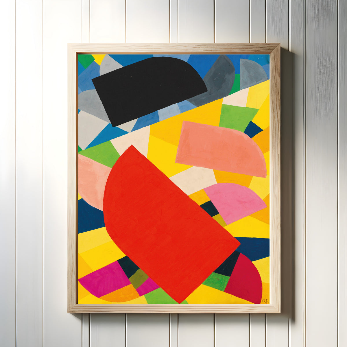 Framed art print of Komposition (1936) by Otto Freundlich, in a light wood frame on a white panelled wall
