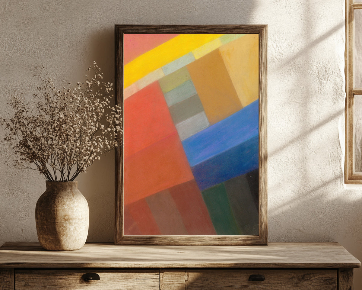 Framed art print of Komposition (c. 1931) by Otto Freundlich, in a dark wood frame leaning on a rustic console beside dried flowers