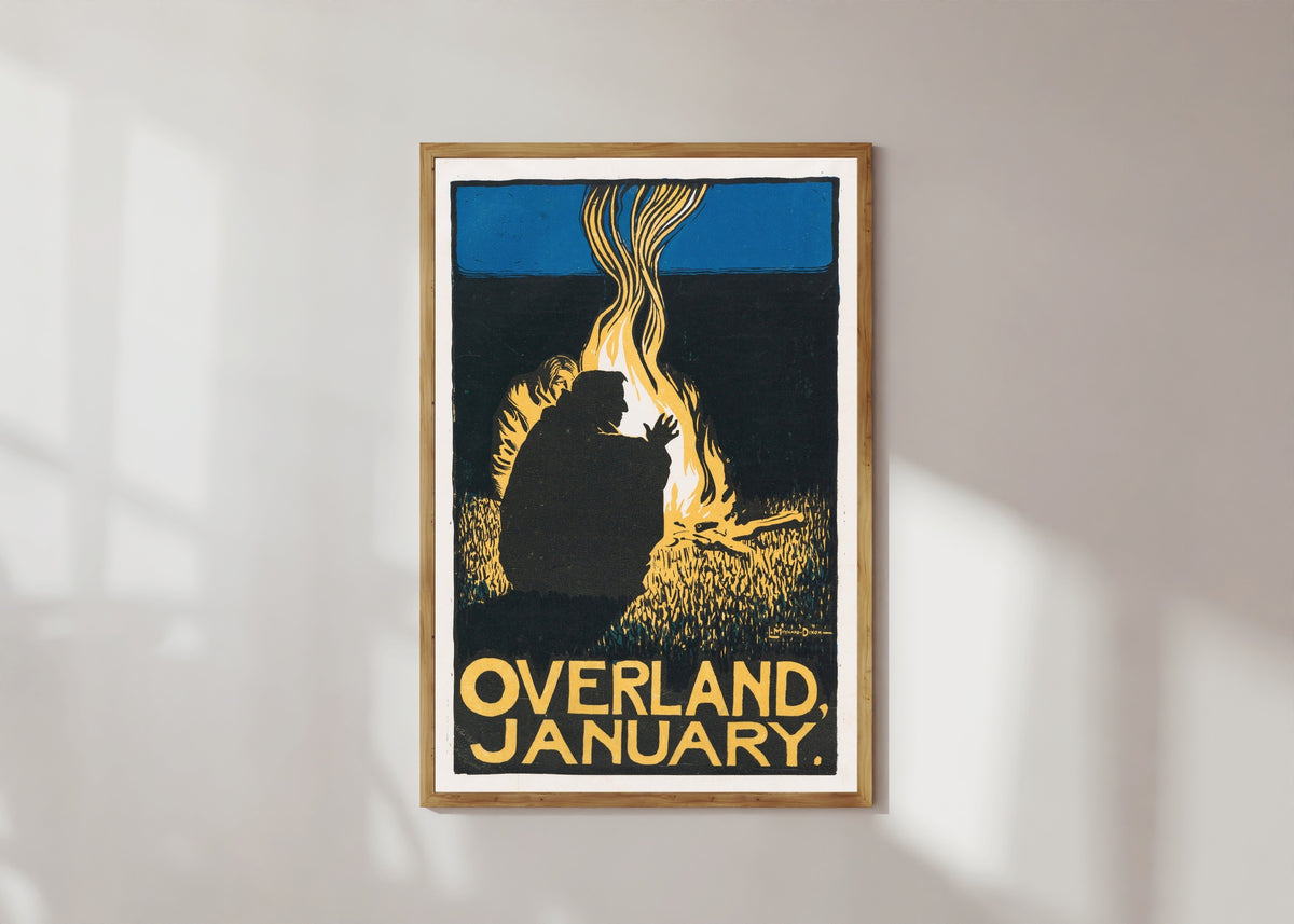 Framed art print of Overland Monthly (January 1896) by Maynard Dixon, in a light wood frame on a sunlit white wall