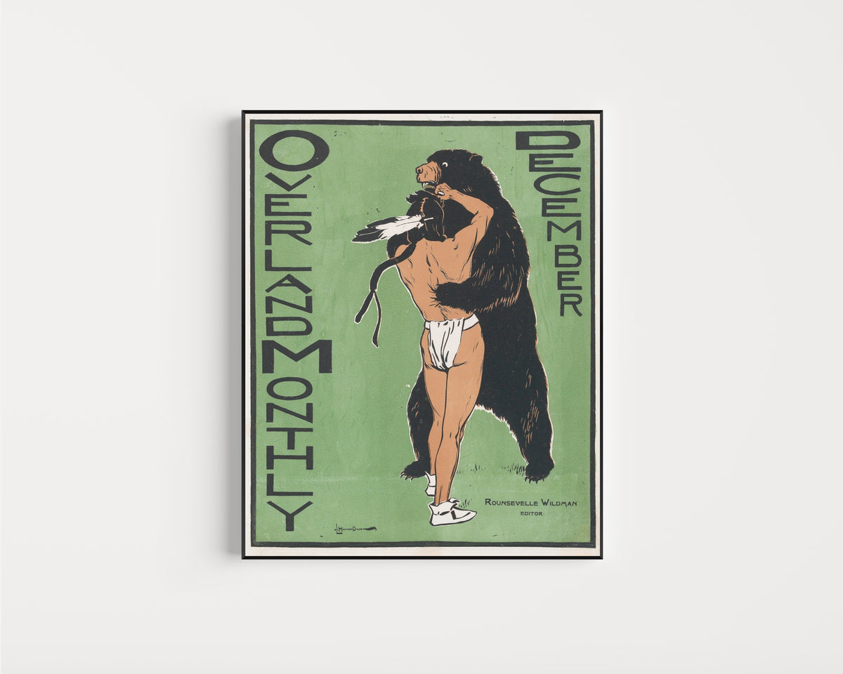 Framed art print of Overland Monthly Cover Art by Maynard Dixon, in a slim black frame on a plain white wall