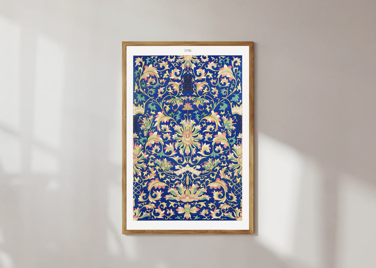 Framed art print of Example of Chinese Ornament, Plate 58 by Owen Jones, in a light wood frame on a sunlit white wall