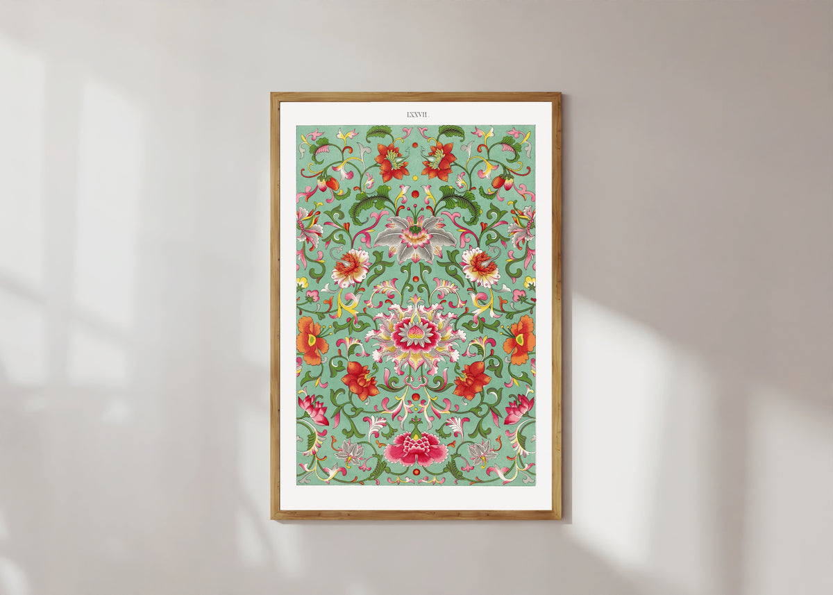 Framed art print of Example of Chinese Ornament, Plate 77 by Owen Jones, in a light wood frame on a sunlit white wall
