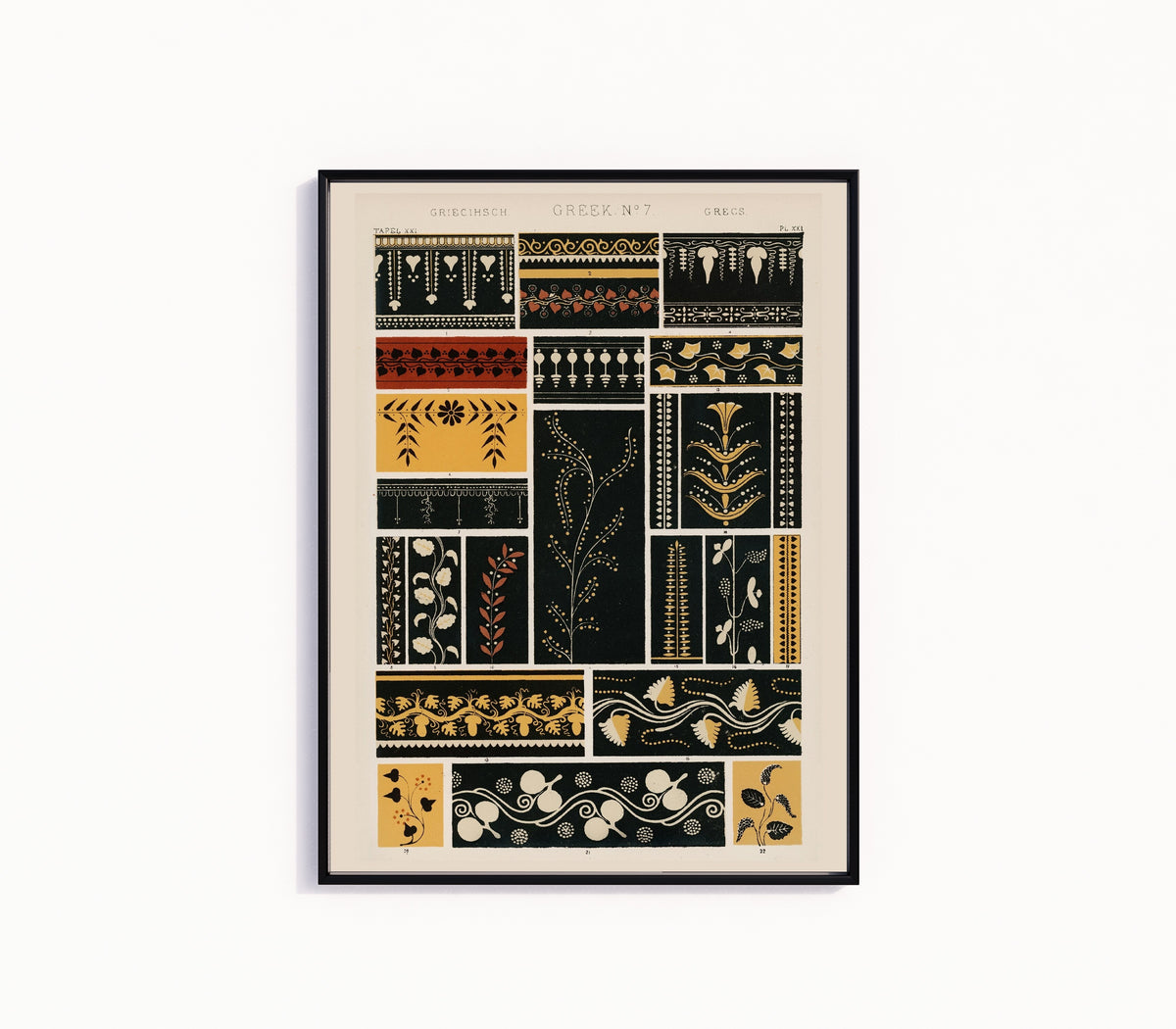 Framed art print of Greek by Owen Jones, in a slim black frame on a plain white wall