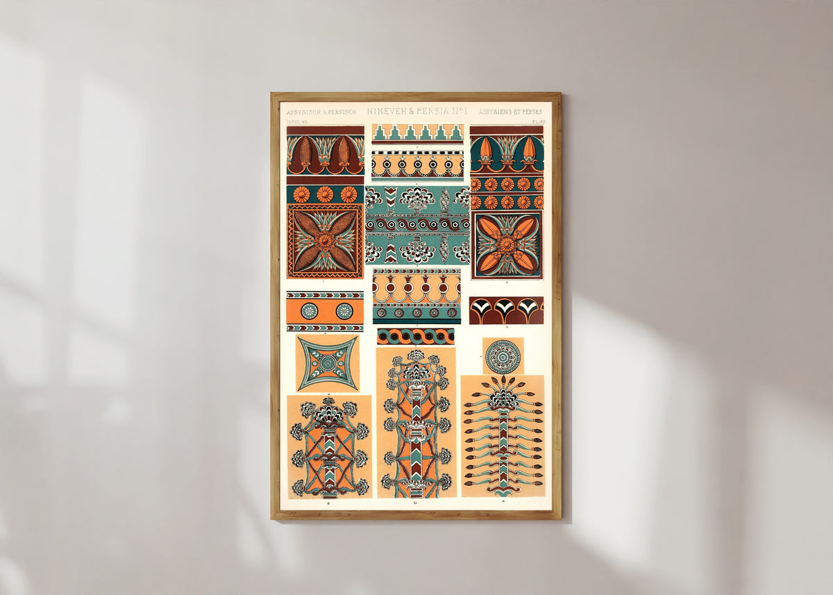 Framed art print of Nineveh & Persia No. 1 by Owen Jones, in a light wood frame on a sunlit white wall