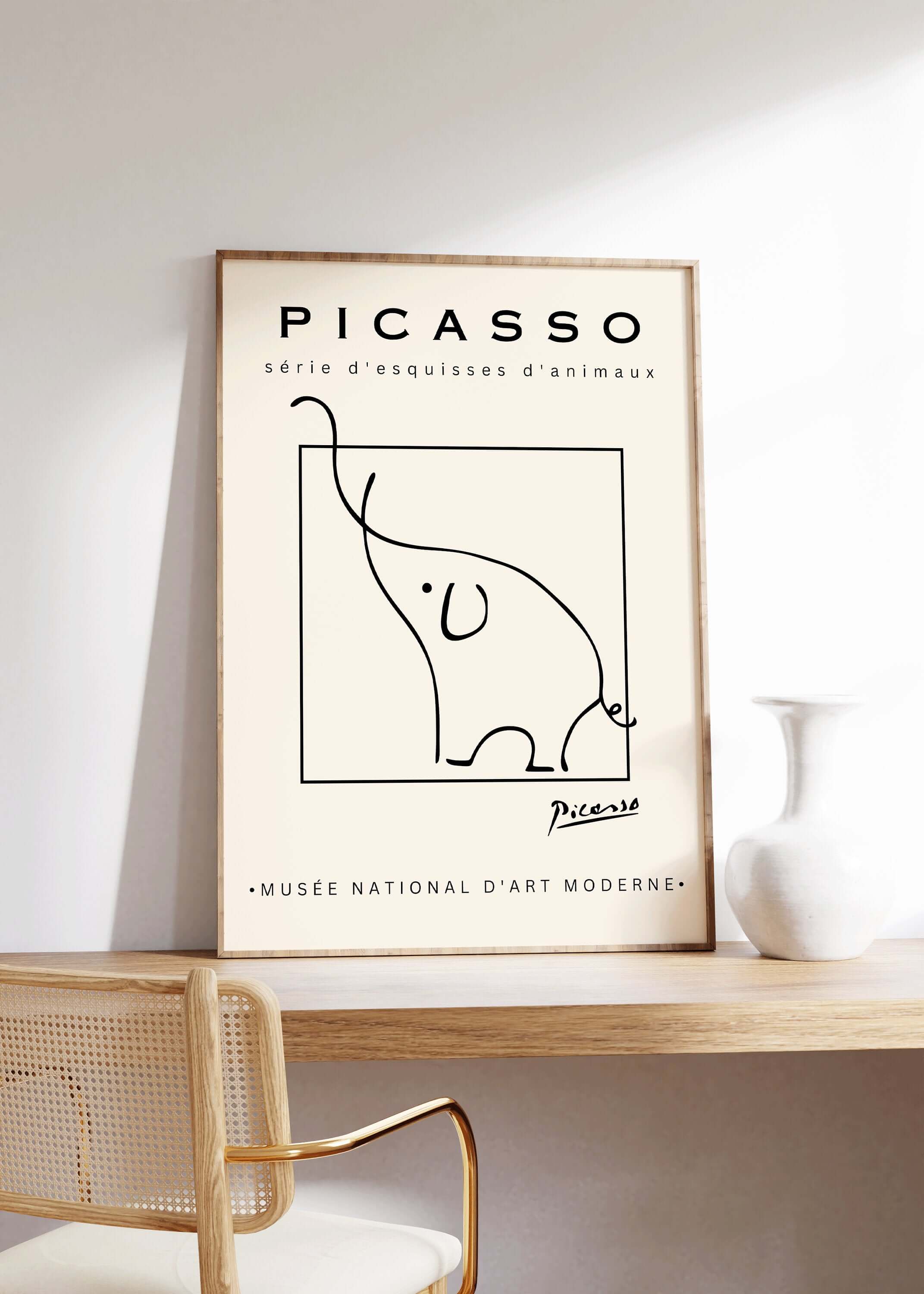 Pablo Picasso - Elephant | Famous Sketch Art in Beige (available framed or unframed) - 9ArtPrints