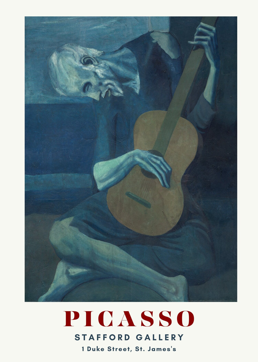 Pablo Picasso — The Old Guitarist | Fine Art Print shown to scale on a wall above a sofa
