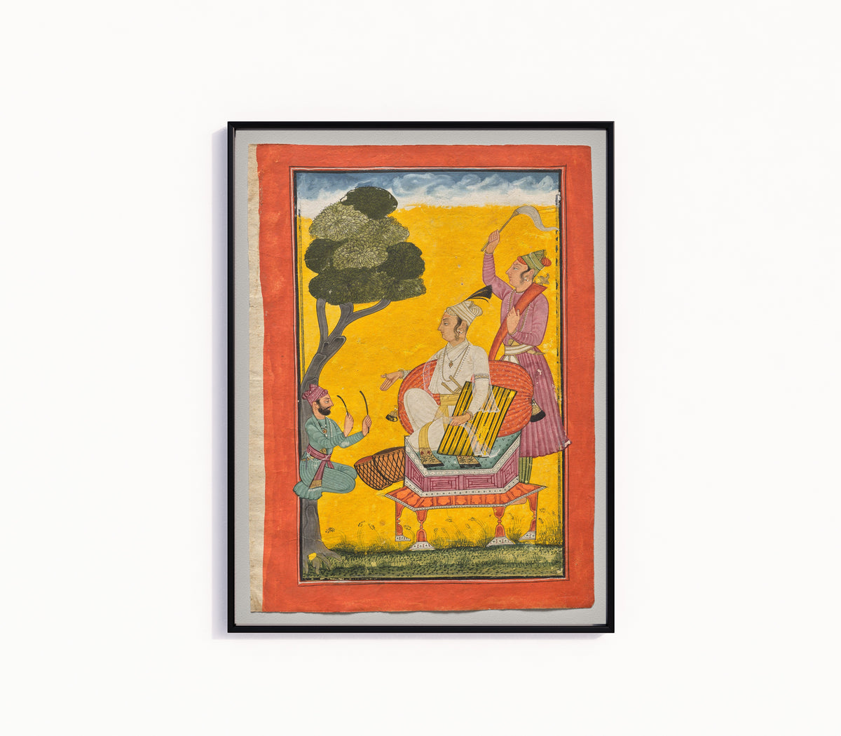 Framed art print of Vivacha Ragaputra, from a Ragamala by Pahari school, in a slim black frame on a plain white wall
