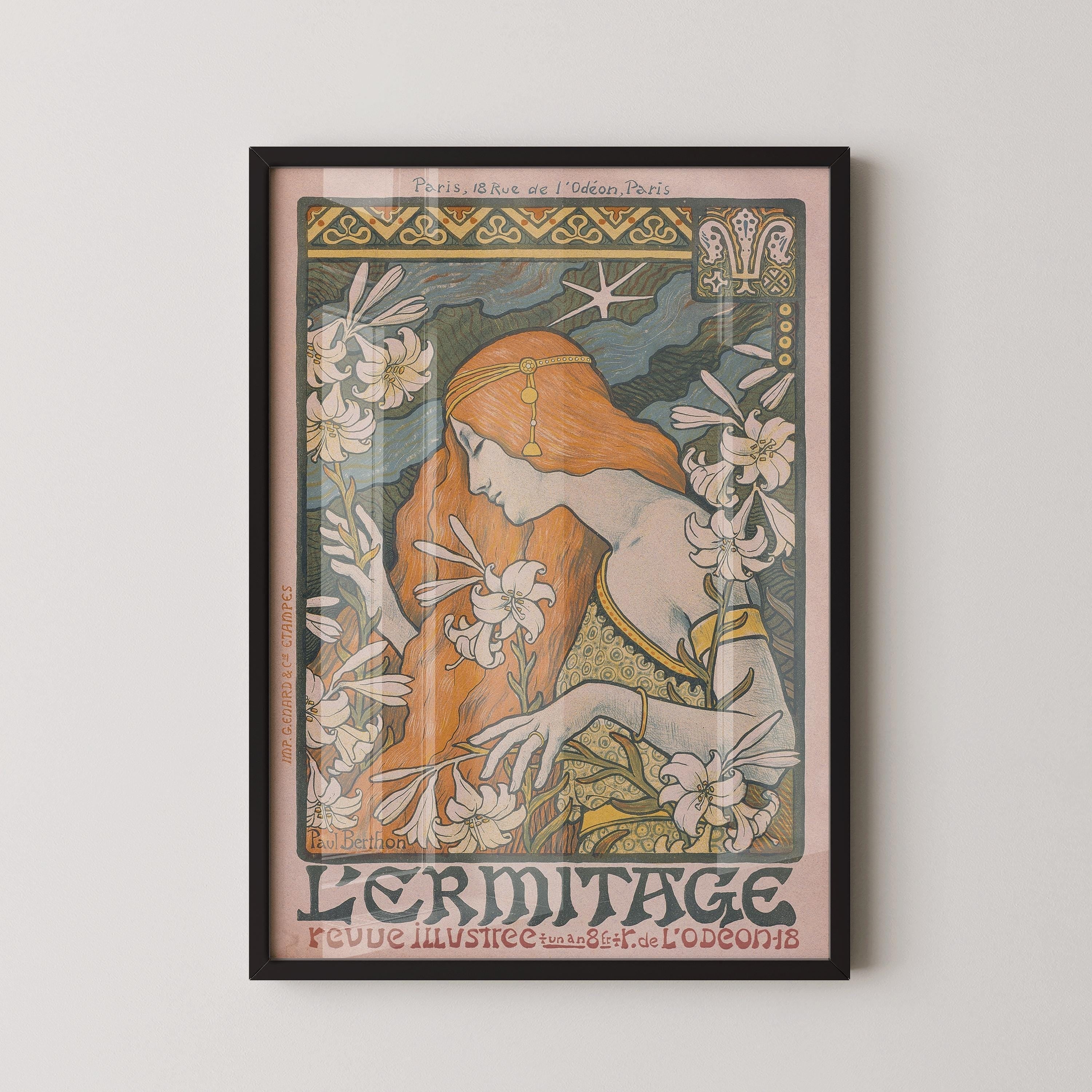 Paul Berthon - L'Ermitage (1897) | Enchanting Art Nouveau masterpiece with flowing lines, lilies, and vibrant colors | Framed or unframed - 9ArtPrints