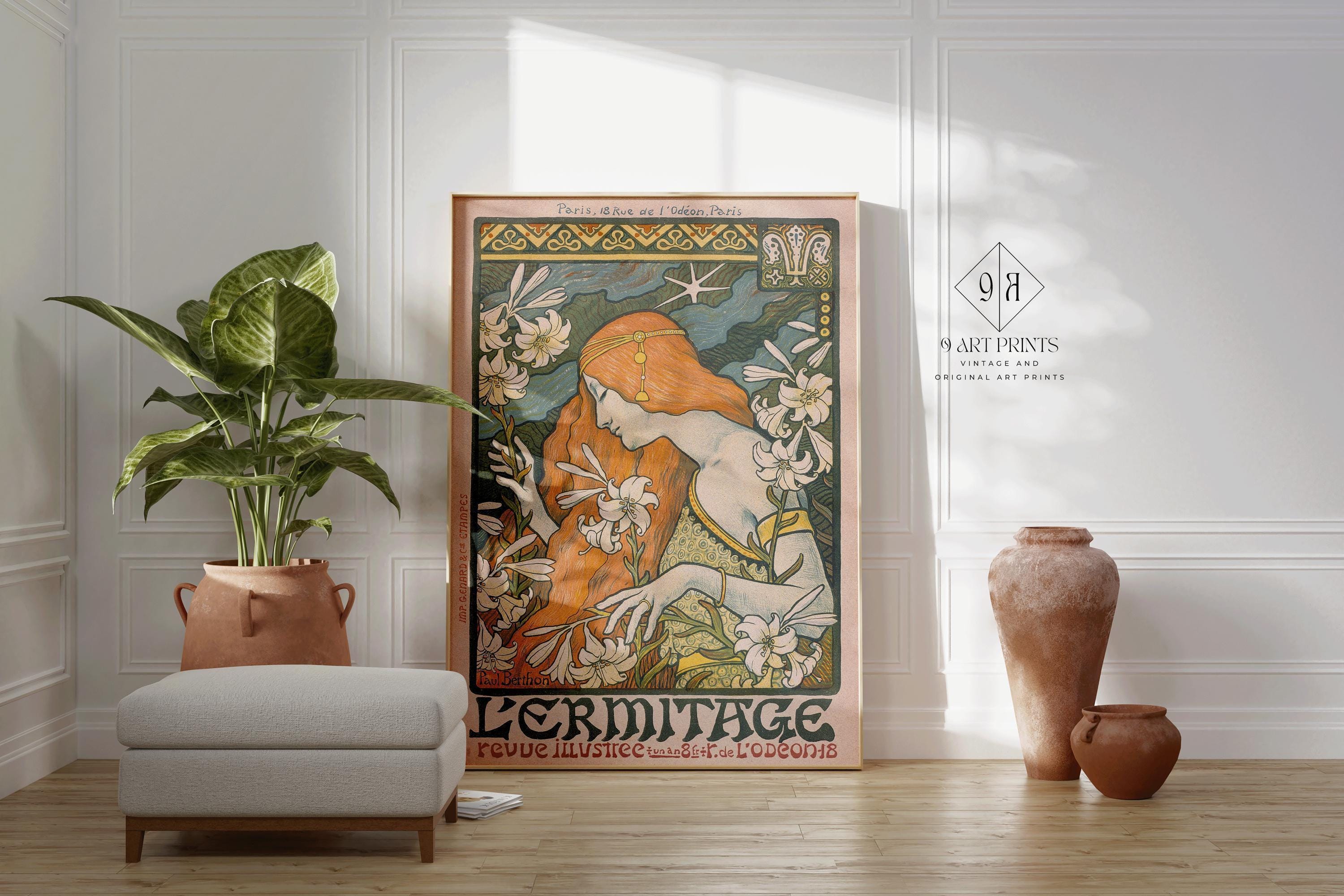 Paul Berthon - L'Ermitage (1897) | Enchanting Art Nouveau masterpiece with flowing lines, lilies, and vibrant colors | Framed or unframed - 9ArtPrints