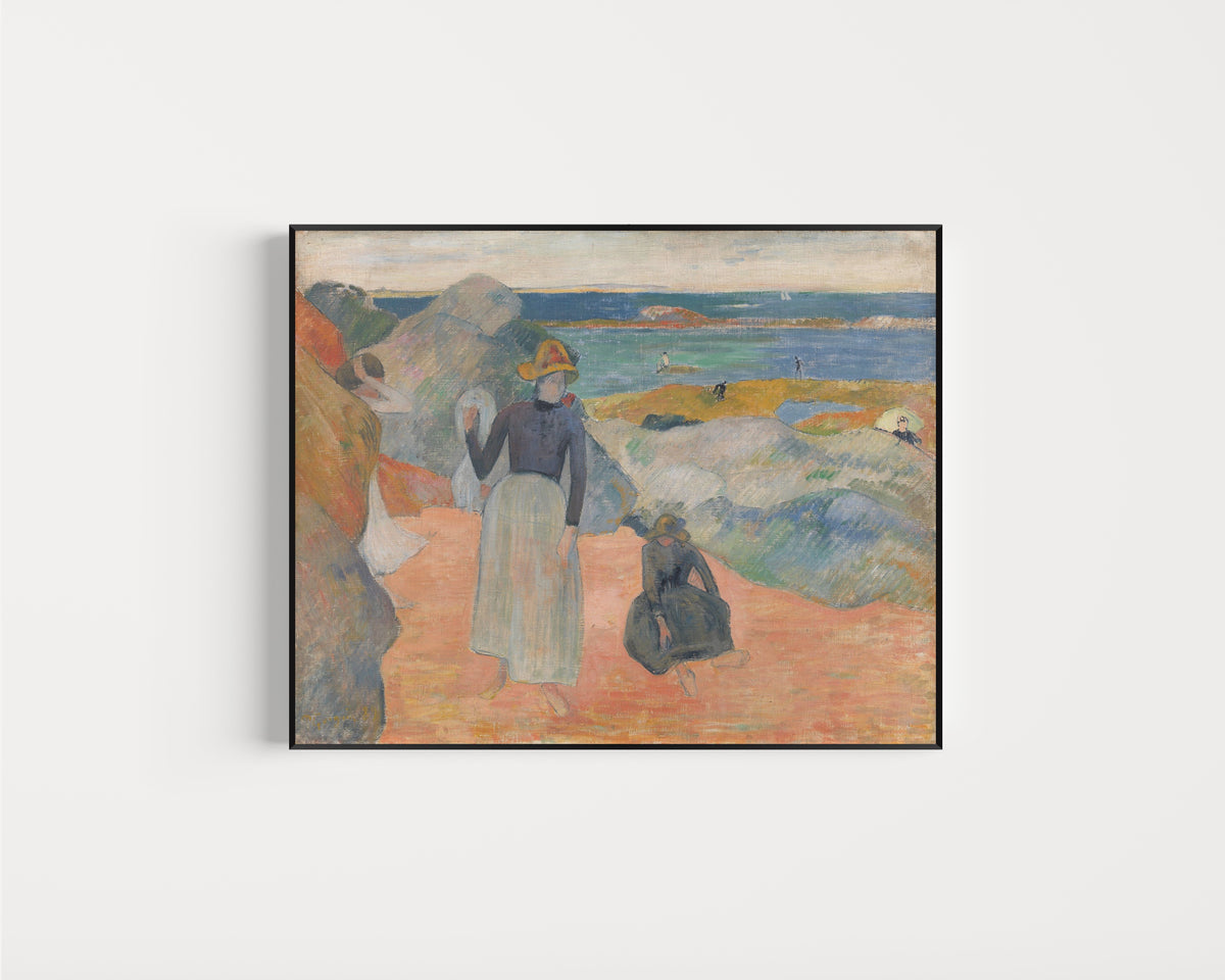 Framed art print of At the Beach, Bretagne by Paul Gauguin, in a slim black frame on a plain white wall