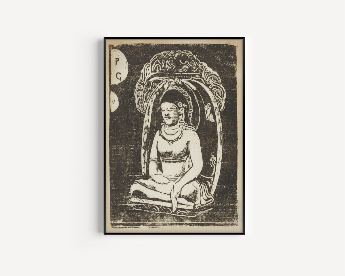 Framed art print of Buddha by Paul Gauguin, in a slim black frame on a plain white wall