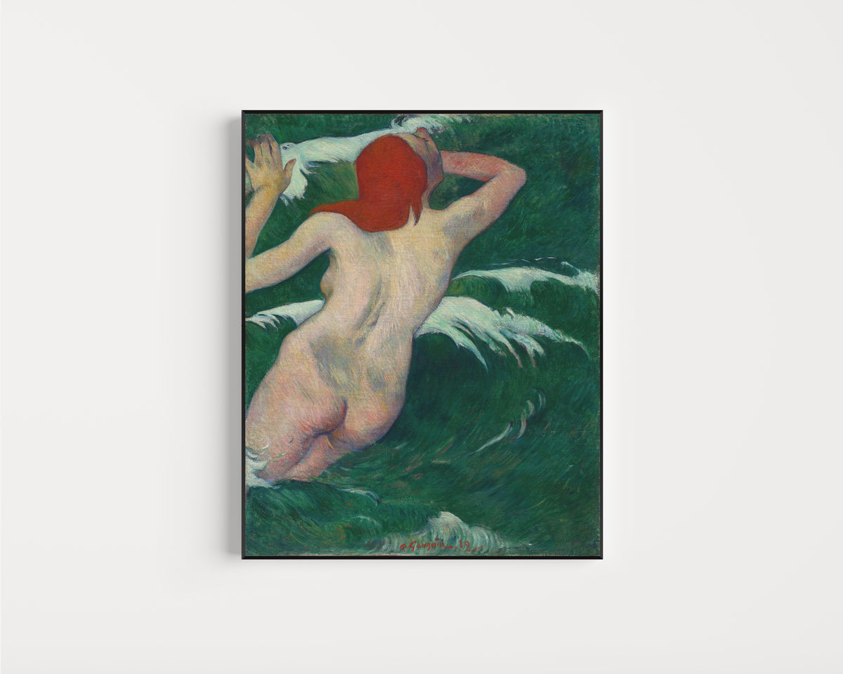 Framed art print of In the Waves (Ondine) by Paul Gauguin, in a slim black frame on a plain white wall