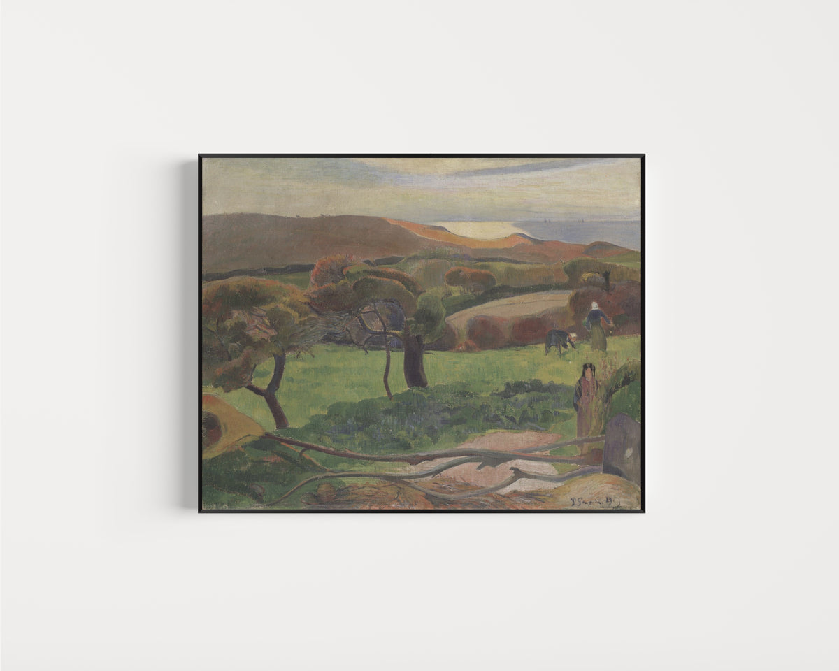 Framed art print of Landscape from Brittany (Fields by the Sea) by Paul Gauguin, in a slim black frame on a plain white wall