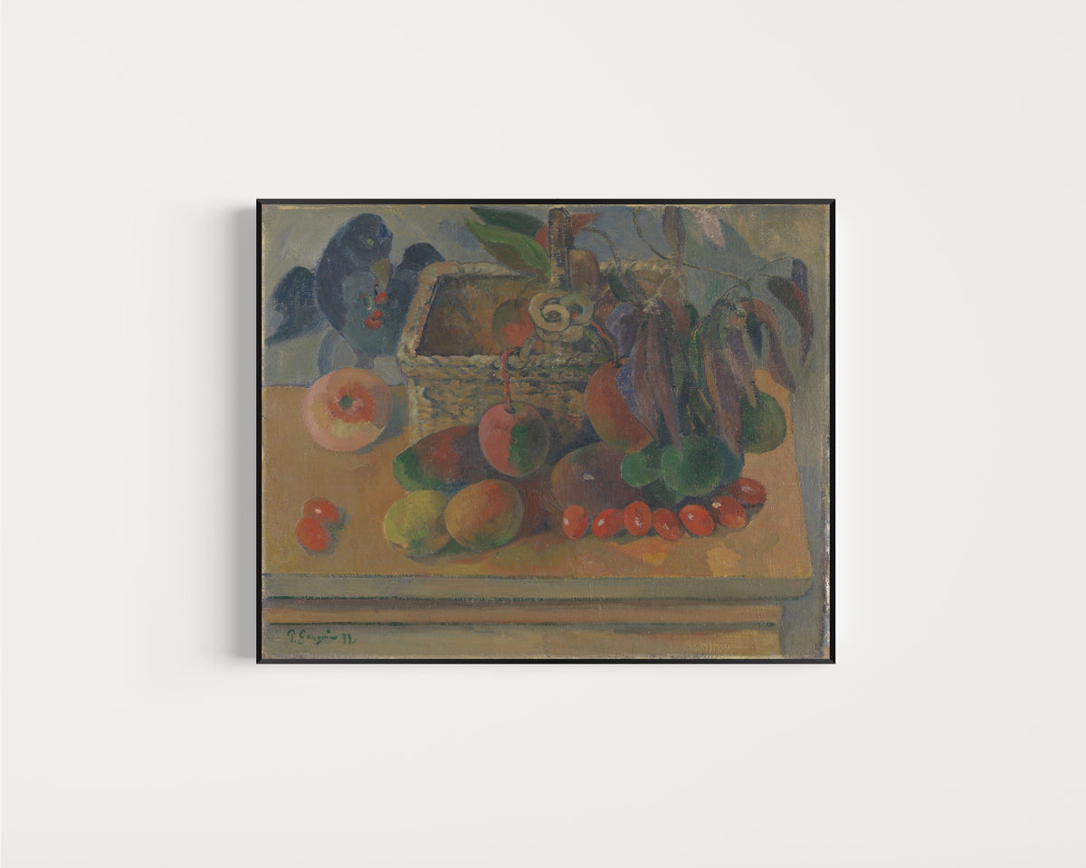 Framed art print of Still Life with Square Basket by Paul Gauguin, in a slim black frame on a plain white wall