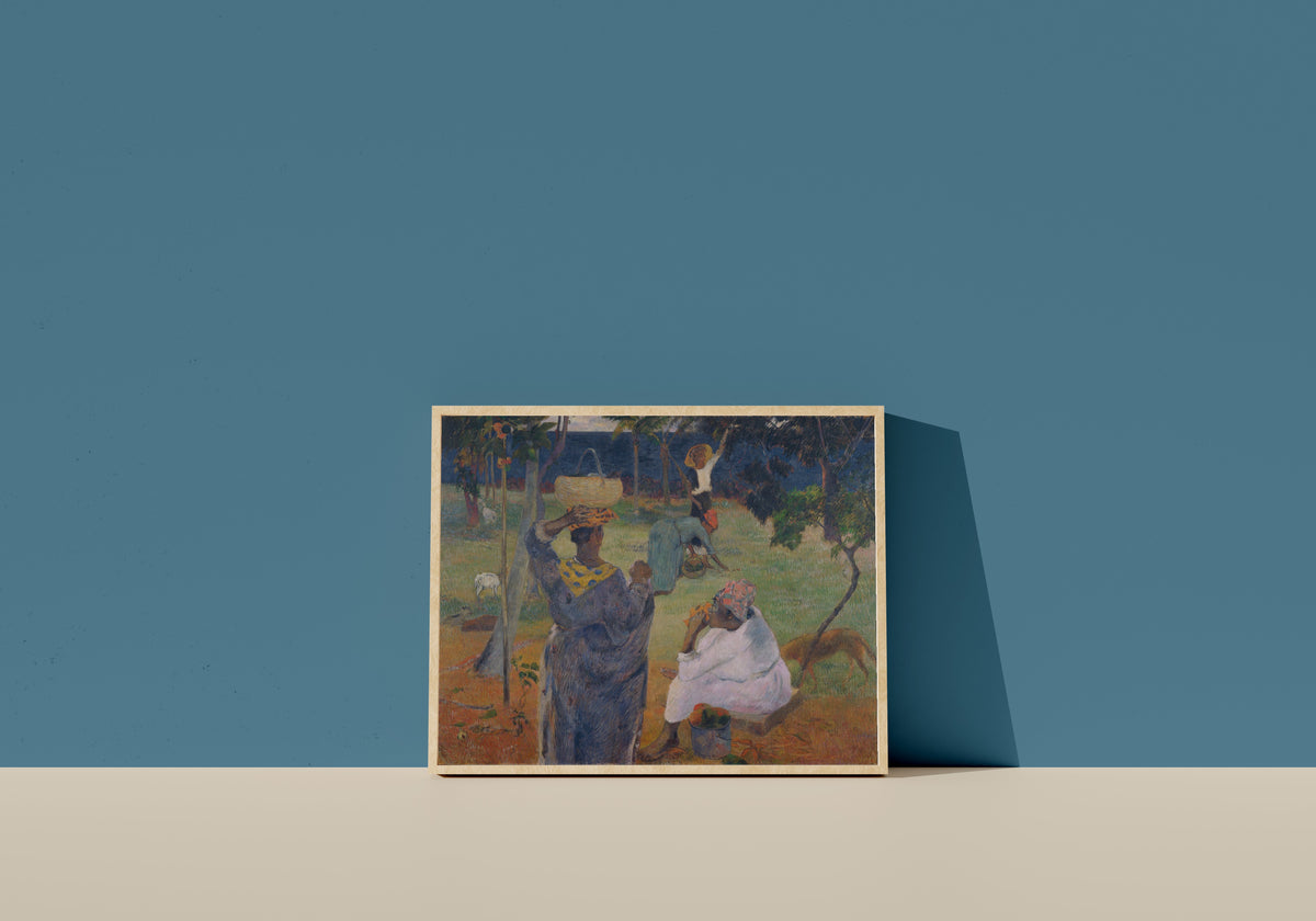 Framed art print of The Mango Trees, Martinique by Paul Gauguin, in a light wood frame leaning on a blue wall
