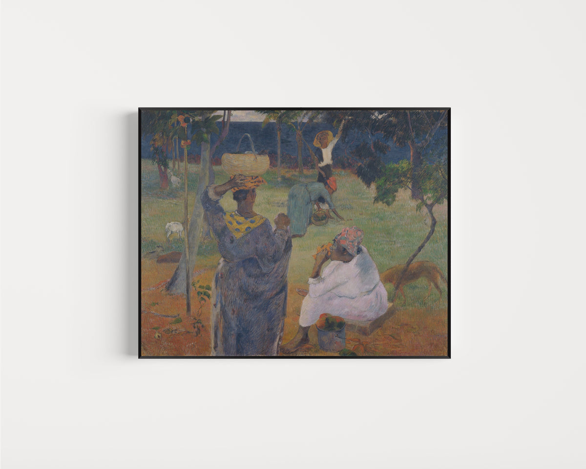 Framed art print of The Mango Trees, Martinique by Paul Gauguin, in a slim black frame on a plain white wall