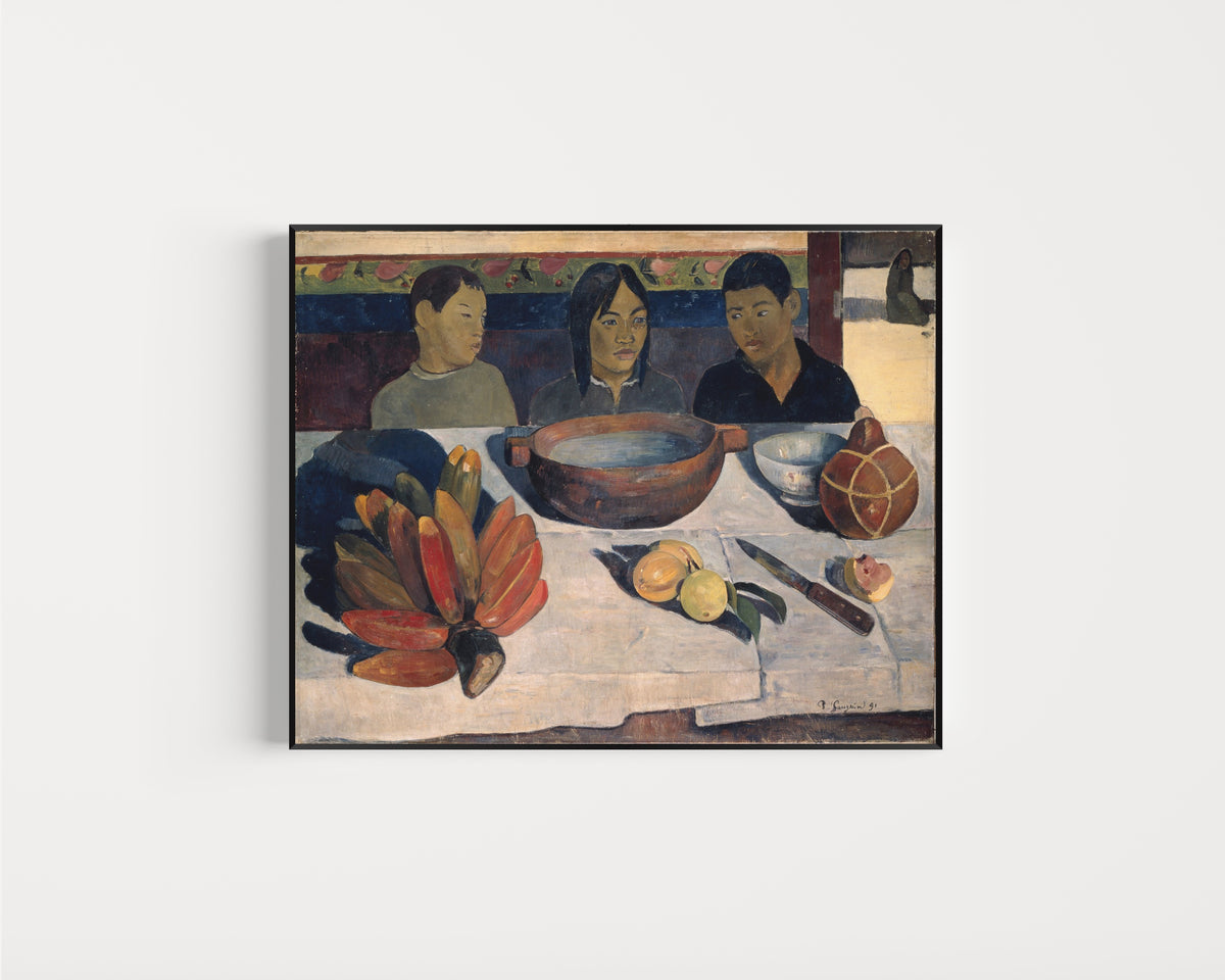 Framed art print of The Meal (Bananas) by Paul Gauguin, in a slim black frame on a plain white wall