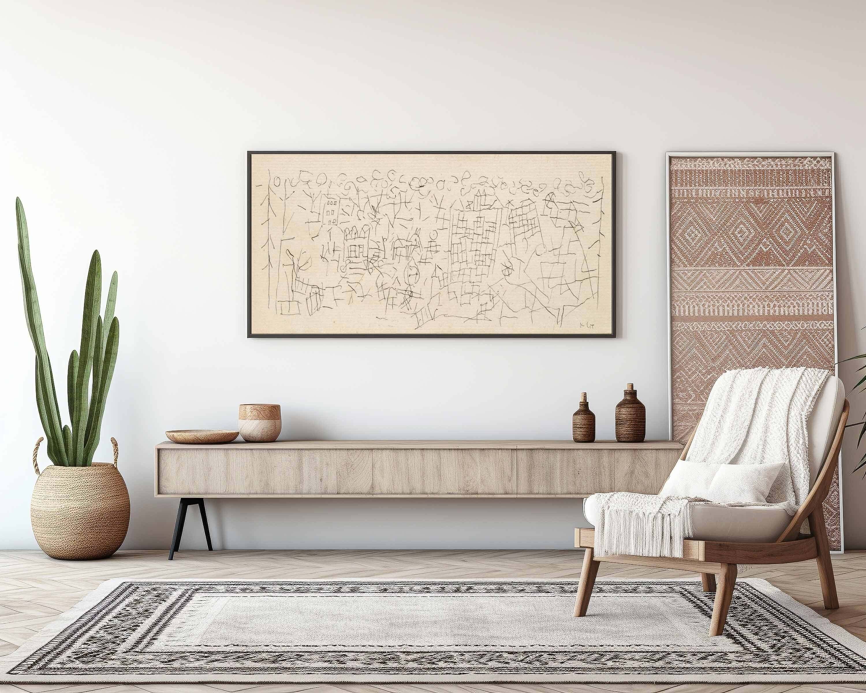 Paul Klee - About the Town | Modern Abstract Beige Wide Panoramic Sketch Art (available framed or unframed) - 9ArtPrints