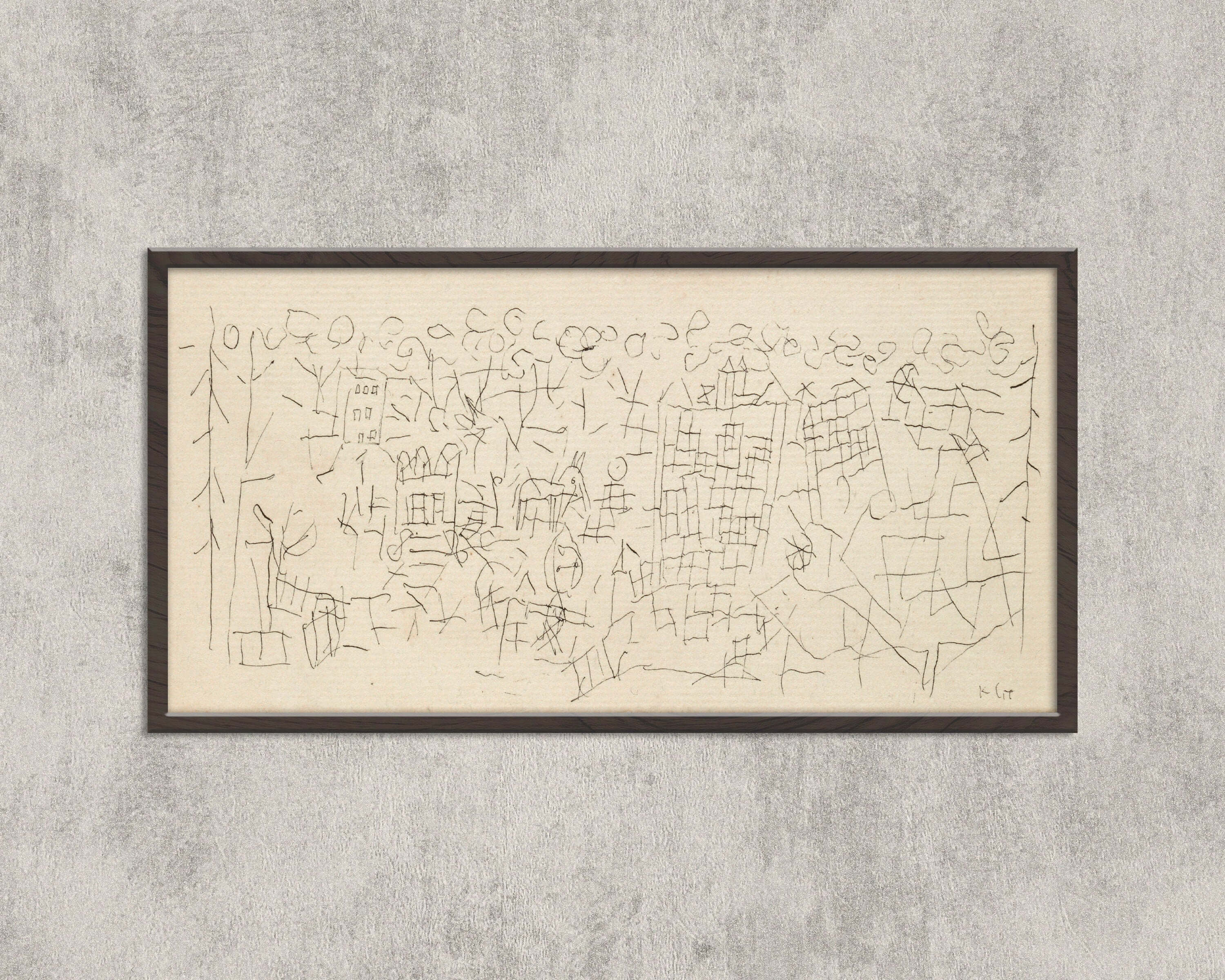 Paul Klee - About the Town | Modern Abstract Beige Wide Panoramic Sketch Art (available framed or unframed) - 9ArtPrints