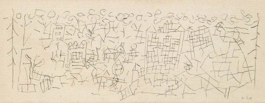 Paul Klee 'About the Town' Print: Beige Abstract Panoramic Sketch Art (2x1) shown to scale on a wall above a sofa