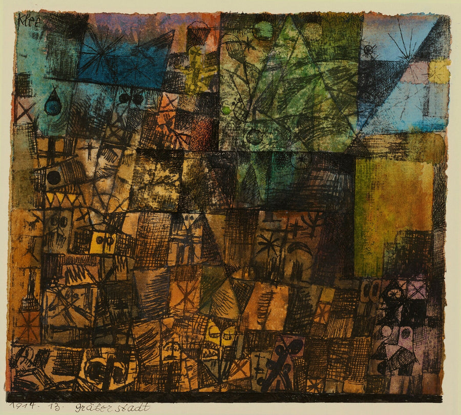 Paul Klee - City of Graves Art Print: Mid-Century Modern shown to scale on a wall above a sofa