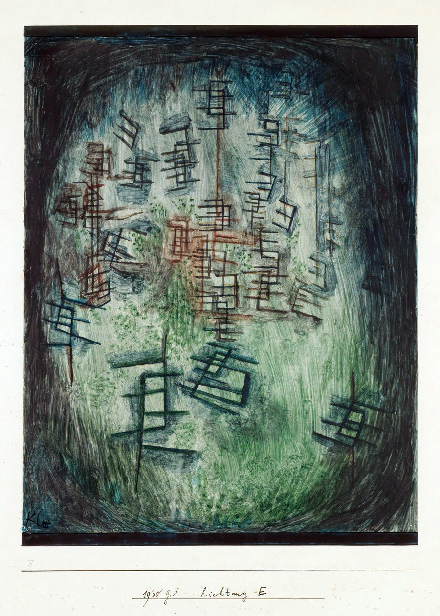 Paul Klee — Clearing E (Lichtung E) | Bauhaus Fine Art Print shown to scale on a wall above a sofa