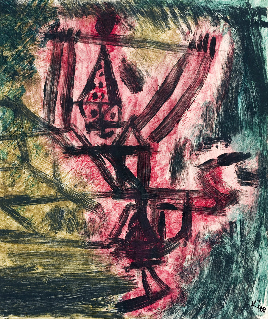 Paul Klee — Fire Clown | Bauhaus Fine Art Print shown to scale on a wall above a sofa