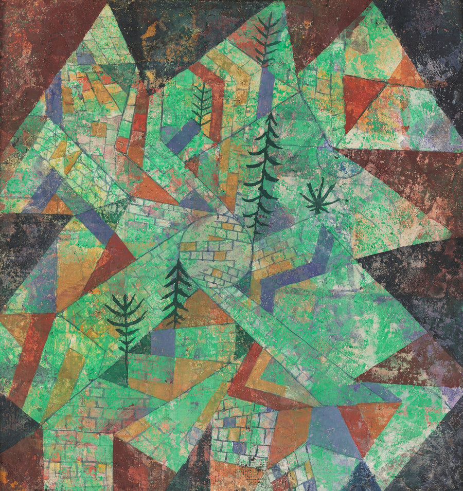 Paul Klee — Forest Construction (Waldbau) | Bauhaus Fine Art Print shown to scale on a wall above a sofa