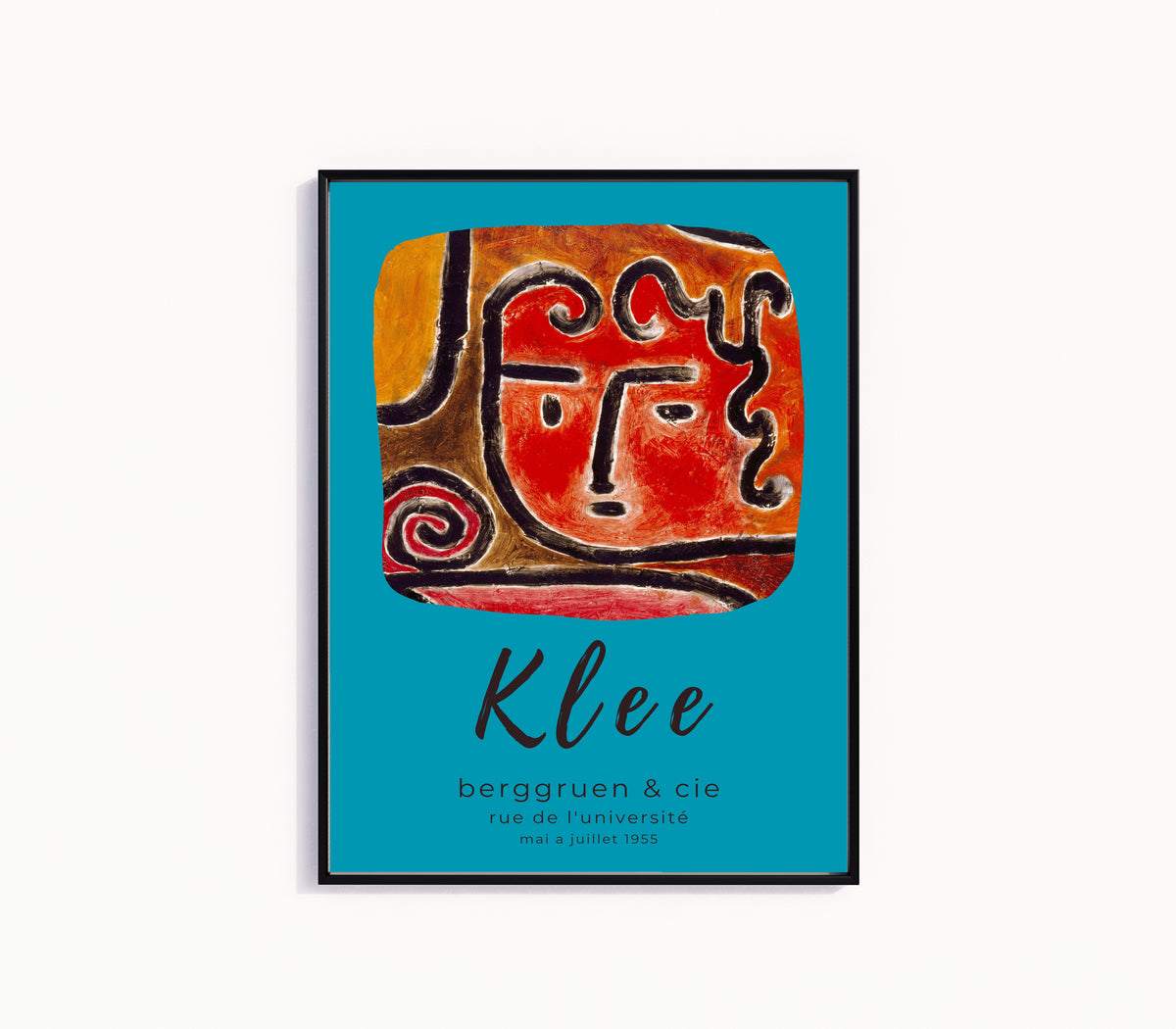 Framed art print of Hot Blooded Girl by Paul Klee, in a slim black frame on a plain white wall
