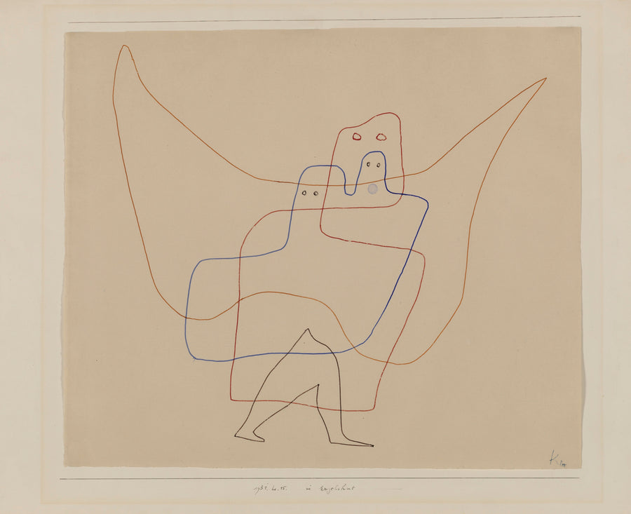 Paul Klee — In Angels' Care (im Engelshut) | Bauhaus Fine Art Print shown to scale on a wall above a sofa