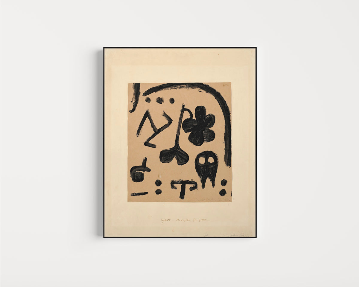 Framed art print of Marks for Later by Paul Klee, in a slim black frame on a plain white wall