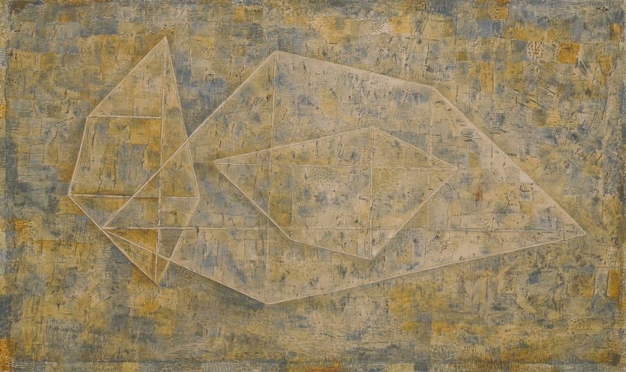 Paul Klee - P 14 | Modern Abstract Wide Panoramic Art (available handframed or unframed) 2x1 shown to scale on a wall above a sofa