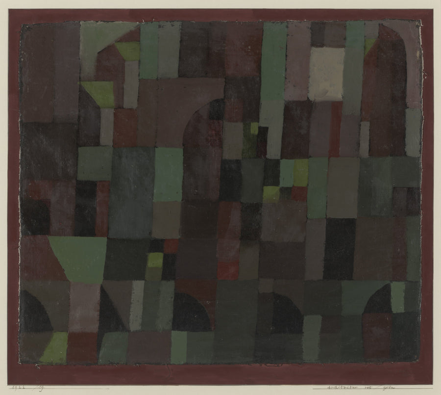 Paul Klee — Red/Green Architecture (Yellow/Violet Gradation) | Bauhaus Fine Art Print shown to scale on a wall above a sofa